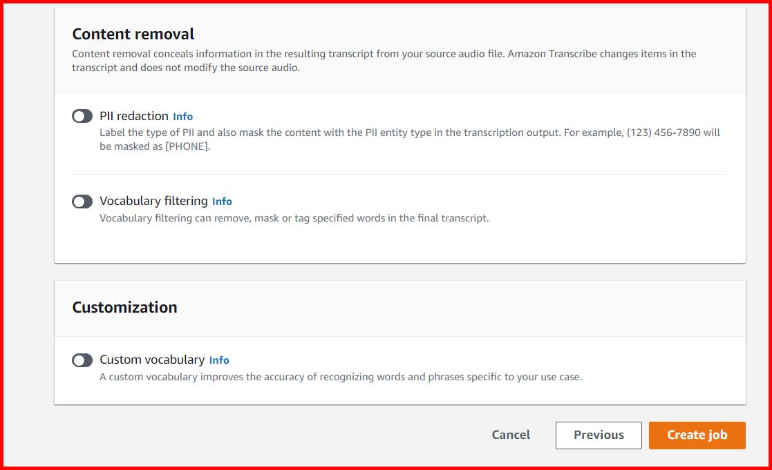 Picture showing the Create Job button for creating the Transcribe job